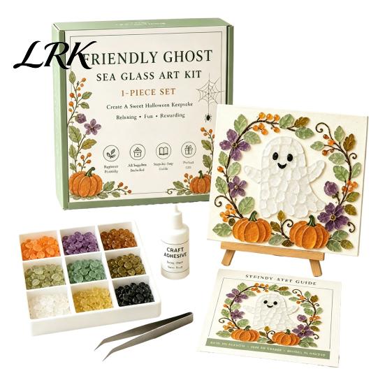 Easy Craft Kit for Beginners Halloween Sea Glass Art DIY Kit, Ghost Black Cat Owl Raven Pumpkin Creative Journey Gift Set Mosaic Set, Beginner