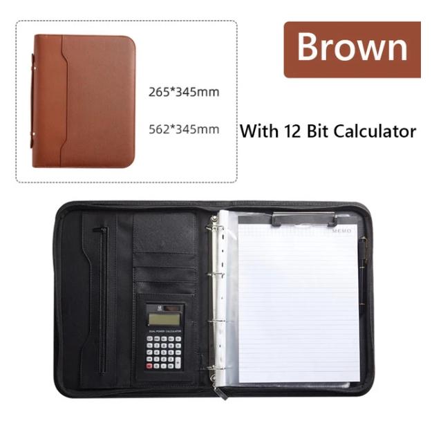 A4 PU Leather Business Padfolio Organizer Case Binder Manager Document Pad Office Zippered Briefcase File Folder with Calculator