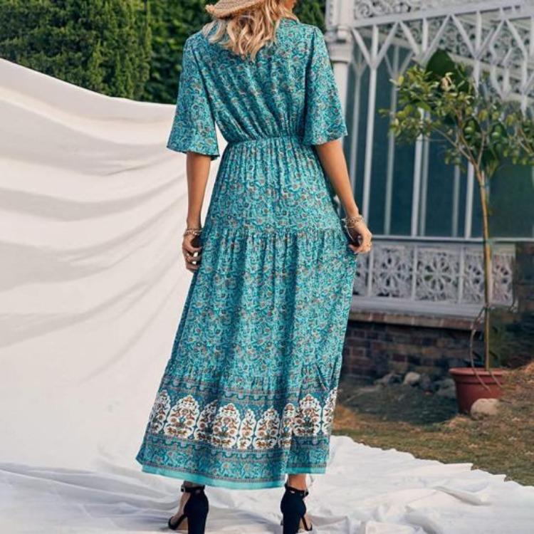 Summer Vacation Bohemian Dress Ethnic Style Patchwork A Line Maxi Dress Elastic Waist V Neck Short Sleeves Women Beach Dress Printing