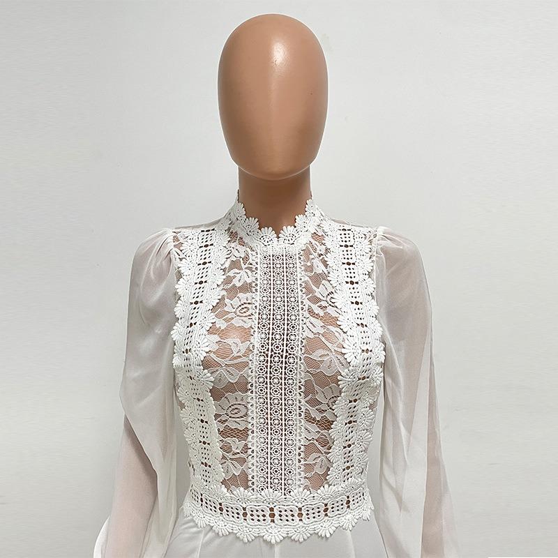 Women's High Collar Lace Lace Fashion Solid Color Chiffon Long Sleeve High Waist Jumpsuit