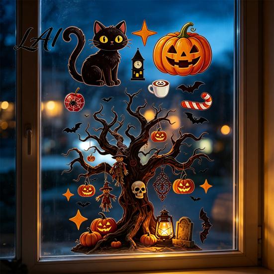 No Glue Glass Film Halloween Static Window Clings Stickers with Ghost Cat Bat Clings Patterns Reusable Holiday Decals for Shop Windows Party
