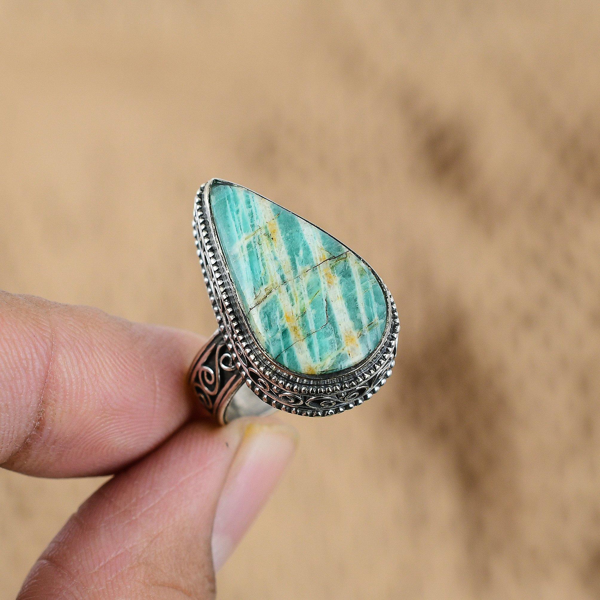 

925 Silver Amazonite Gemstone Artisan Vintage Wife Anniversary Ring Size 8.25 No