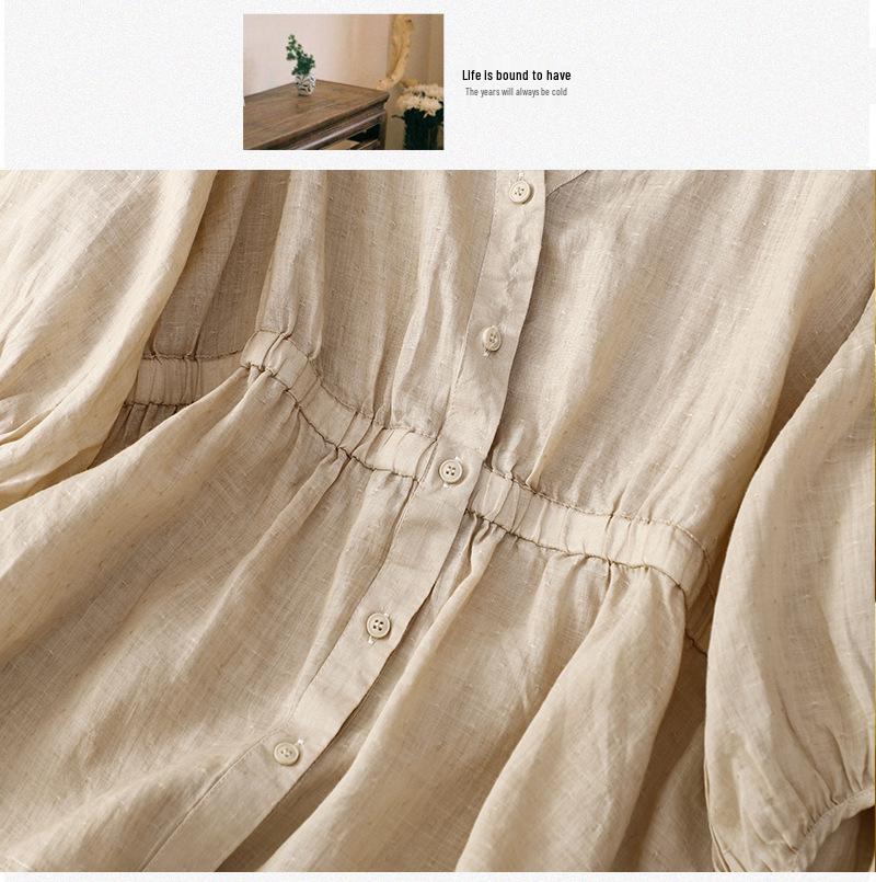 2025 Spring/Summer Women's V-neck Waist-Cinching Cotton Linen Top - Loose, Slimming, Versatile, Five-Sleeve Shirt