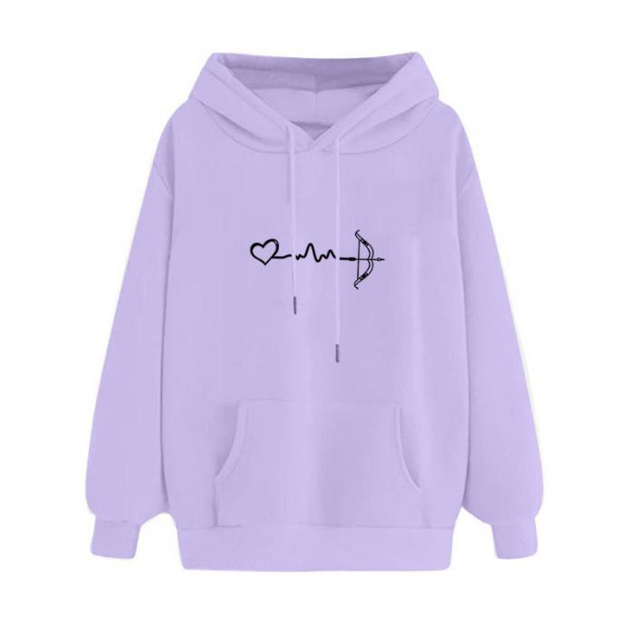 Korean Style Velvet EKG Print Casual Hoodie, Unisex Long Sleeve Pullover for Autumn/Winter