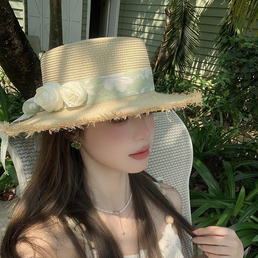 Small Fresh Forest Lace Flower Shade Straw Hat Women's Summer Flat Top Rough Edge Straw Hat Seaside Vacation Beach Hat