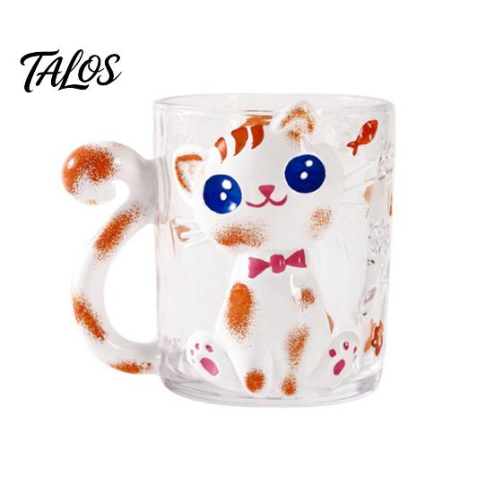 Cartoon-Katze Trinkglasbecher, Isolierter Glas-Kaffeebecher, mit Katzen-Schwanz-Griff-Design, Transparenter Becher für Heiße Kalte Getränke