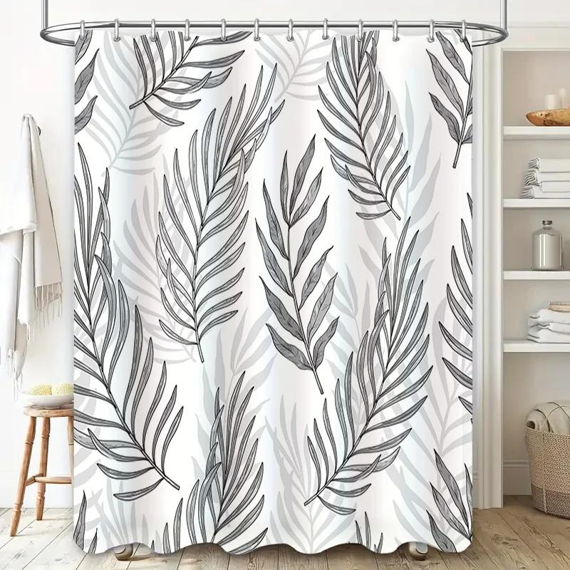 White Pattern Shower Curtain with Gray Leaves Bathroom Decor Waterproof Liner for Bathtub and Sink Faucet 6 hooks included (180x