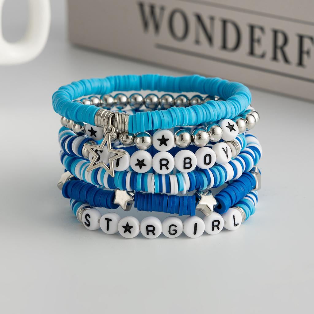 Creative Color-Block Alphabet Clay Stretch Bracelet-Stackable CCB Star Pendant Hand Jewelry Cute Daily Accessory for Fashion Lovers