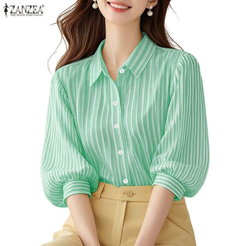 

ZANZEA Женская повседневная блузка в полоску с отложным воротником и рукавом 3/4 5XL
