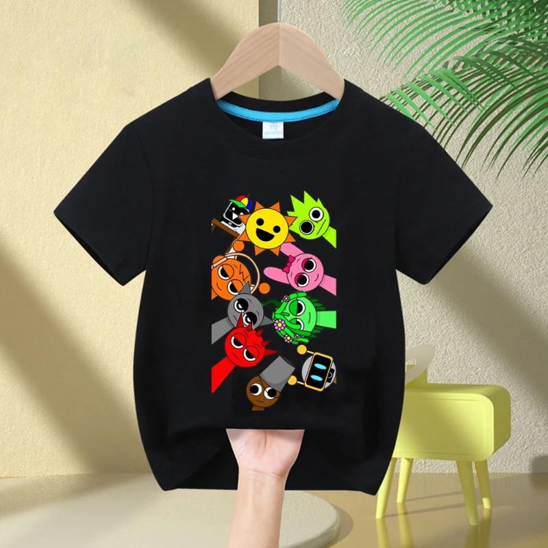 

Дитяча футболка з принтом персонажа мультфільму Sprunki, бавовняна, з коротким рукавом, чорна мультяшна футболка для хлопчиків 120cm