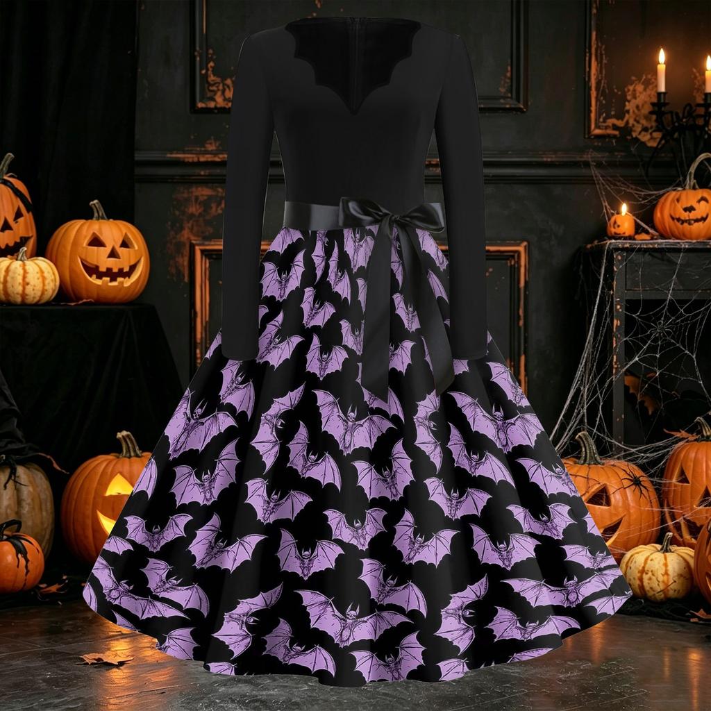 Women Casual Long Sleeve V Neck Vintage Dress Halloween Print Retro Style A Line Midi Dress with Waist Tie Belt