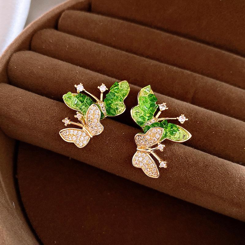 Green crystal flower butterfly earrings summer small fresh and sweet stud earrings 2025 explosion high-end earrings women