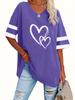 Spring/Summer Women's Heart Print V-Neck Striped Loose T-Shirt with Drop Shoulder