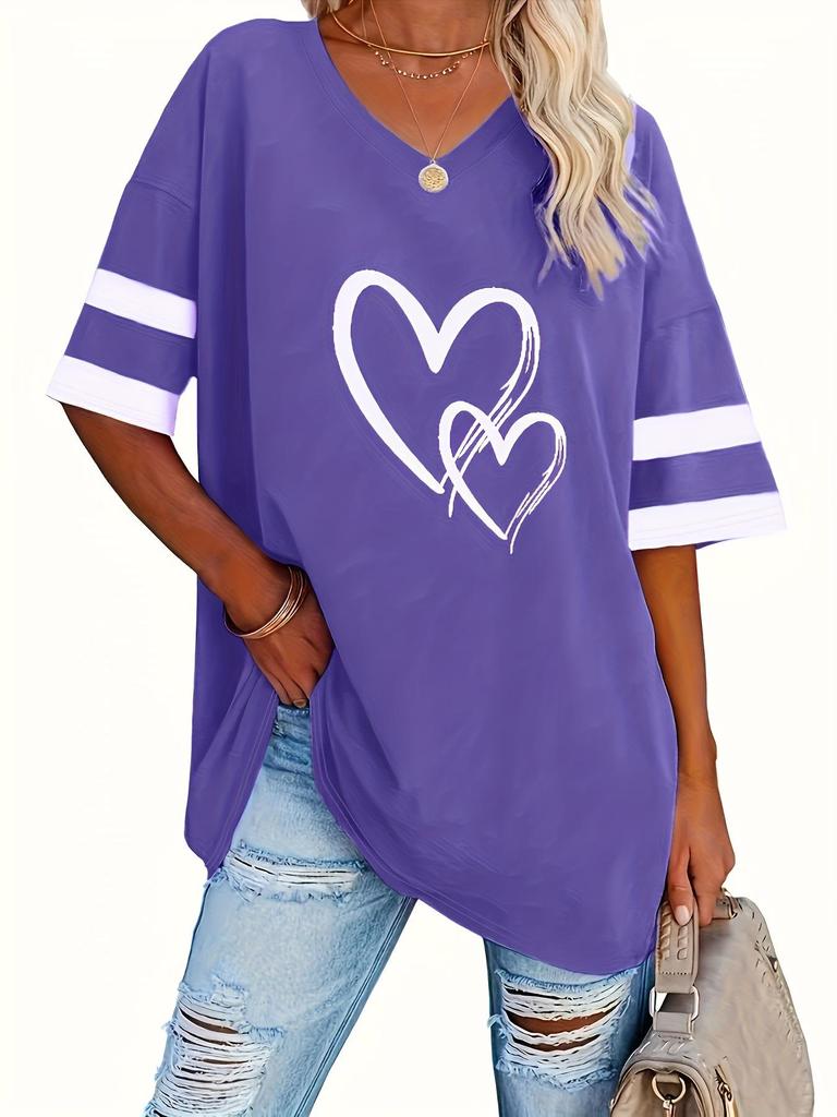 Spring/Summer Women's Heart Print V-Neck Striped Loose T-Shirt with Drop Shoulder