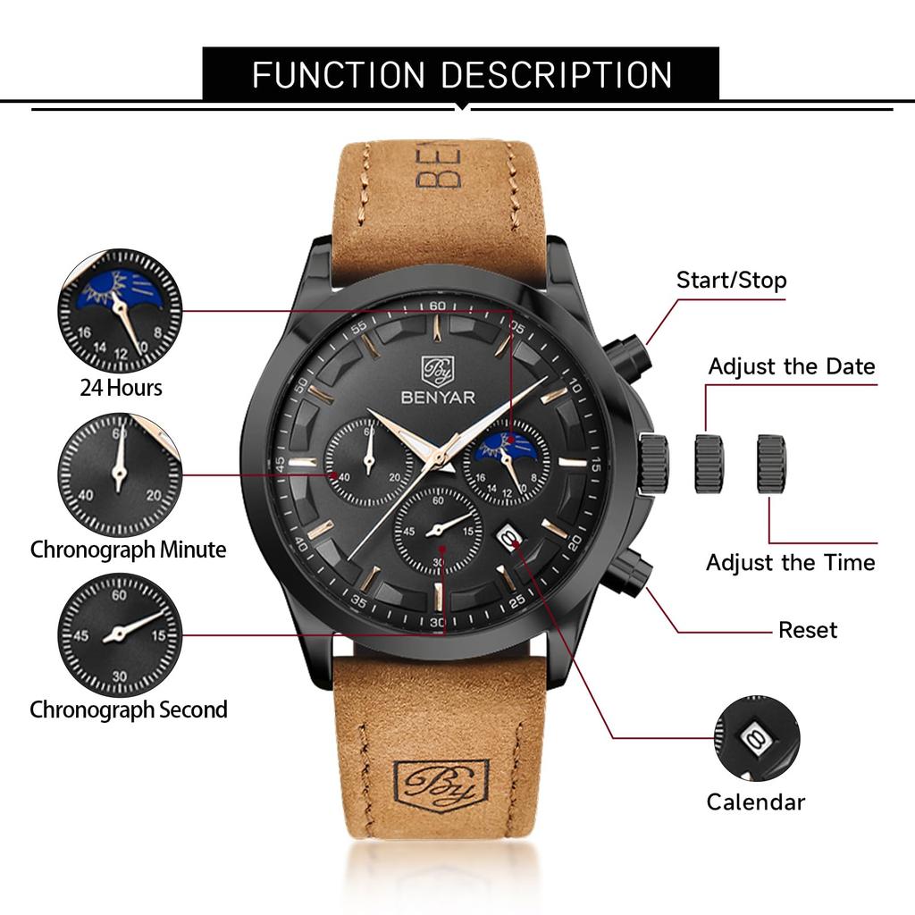 BENYAR Chronograph Watch with Leather and Brown or Black Men's Multi-Calendar Strap, Water-Resistant Scratch-Resistant,