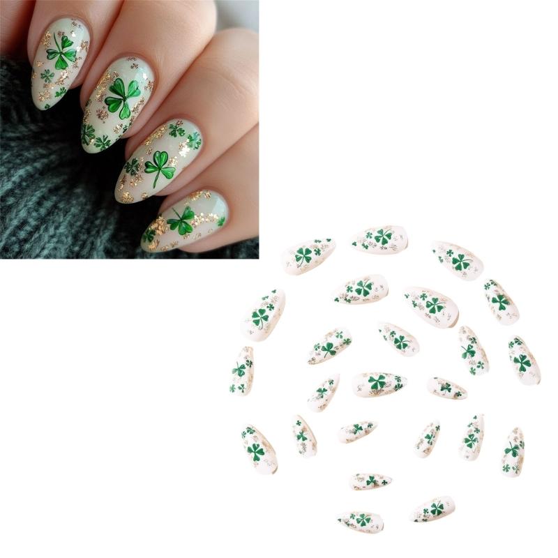 False Nail White Base Short Almond Style With Shamrock Symbol Accent Elegant Look For Work Or Party