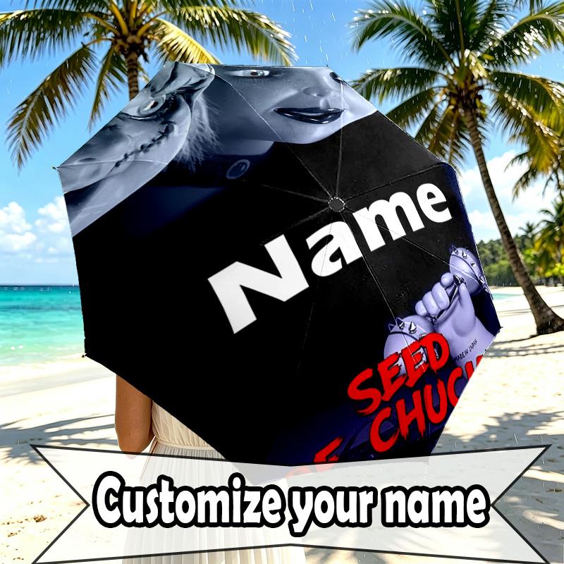Custom Name Personalized Bride of Chucky Print Umbrella, Auto Open Close, 8‑Rib Sturdy Frame, Commute Camping Hiking Use, Birthday Gift