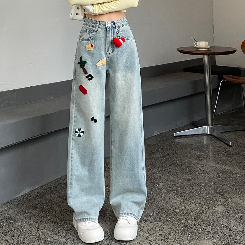 Spring 2025 Women's Embroidered High-Waist Wide-Leg Jeans - Light Color, Slimming Design