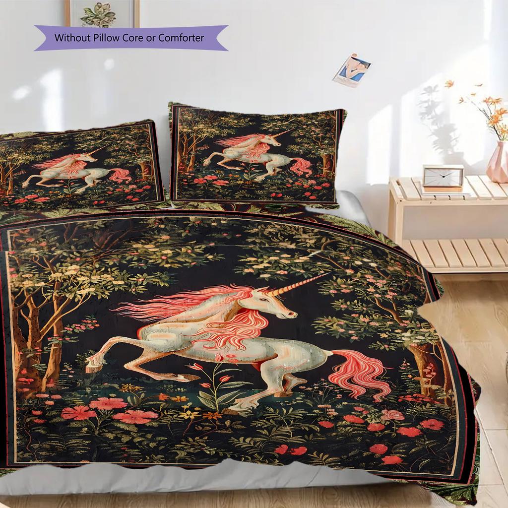 Medieval fairy tale aesthetics unicorn bedding, duvet cover, pillowcase, home decoration, birthday gift (1 * duvet cover+2 * pillowcase, coreless)