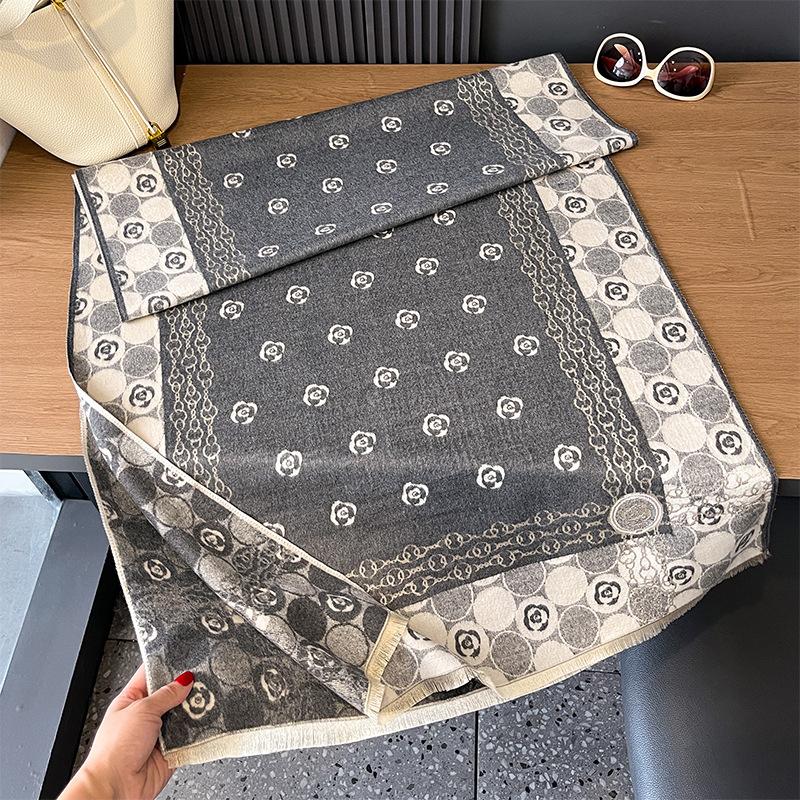 Imitation cashmere scarf girl style simple camellia printing double-sided soft breathable advanced sense