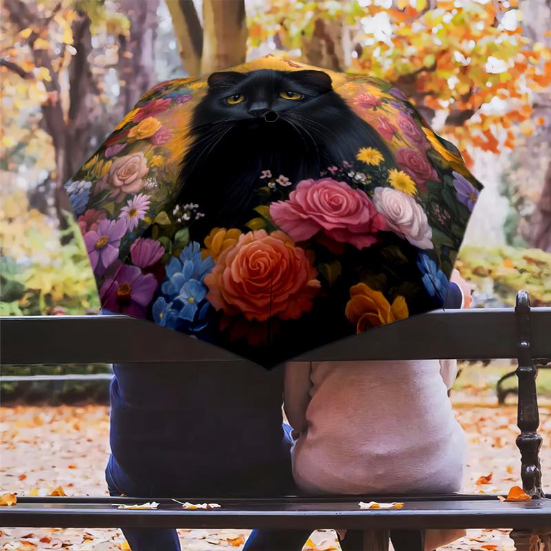 0106 Floral Black Cat  pattern, automatic folding umbrella, portable and foldable design, 8 ribs, a Christmas or birthday gift.