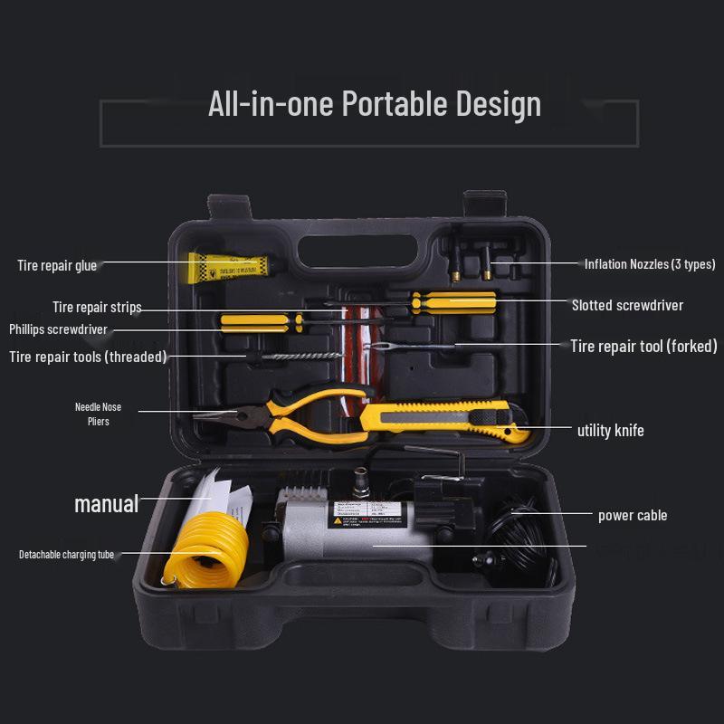 Electric High-Pressure Car Tire Inflator with Metal Cylinder and Toolbox