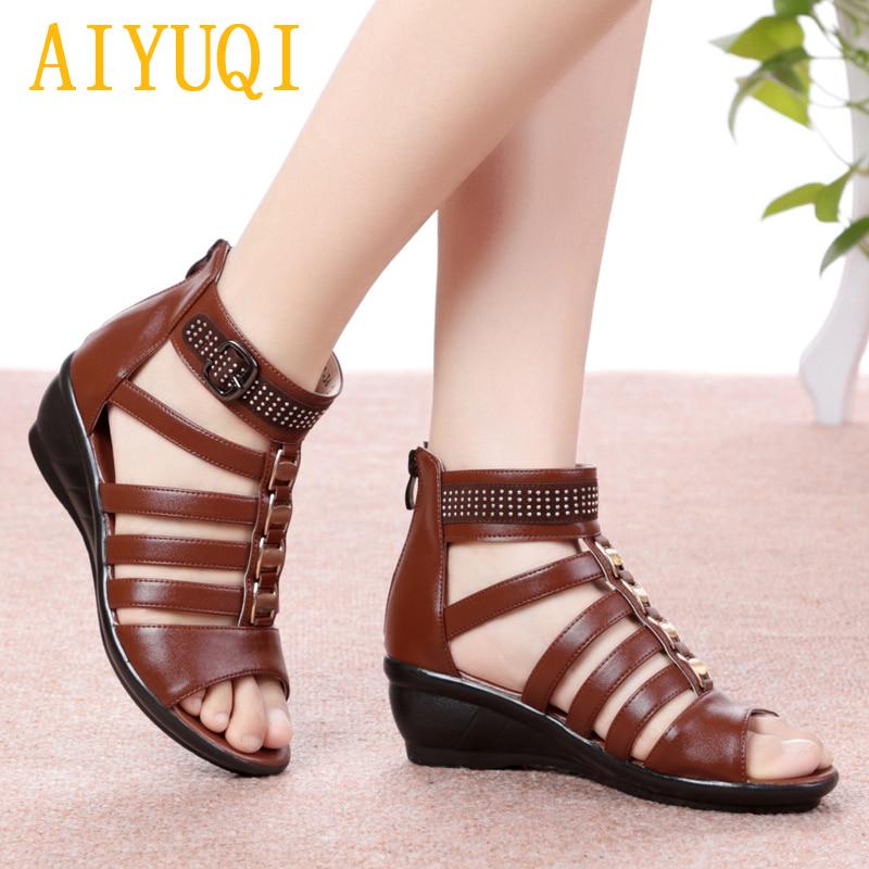 AIYUQI Women Sandals Summer Women Genuine Leather Sandals Rhinestones Roman Sandals Ladies Mother