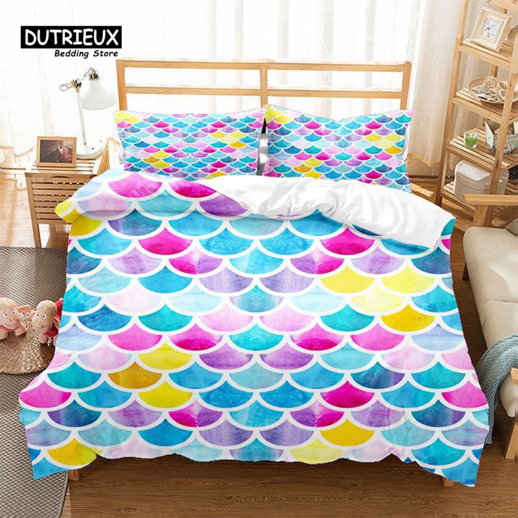 Mermaid Fish Scales Duvet Cover Magical Colorful Seamless Pattern With Fish Scale Net Print Bedding Set Microfiber Quilt Cover