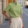 Women Commute Casual Stand Collar Solid Color Summer Short Sleeve Blouse