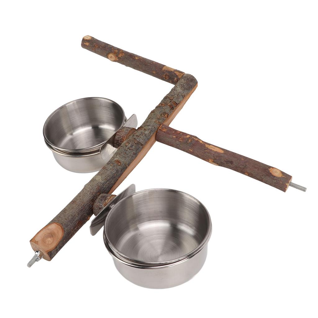 Papageien-Holzständer mit Futternapf aus Edelstahl, Futterspender, Ständer, Kombination, Vogelkäfig-Futterspender