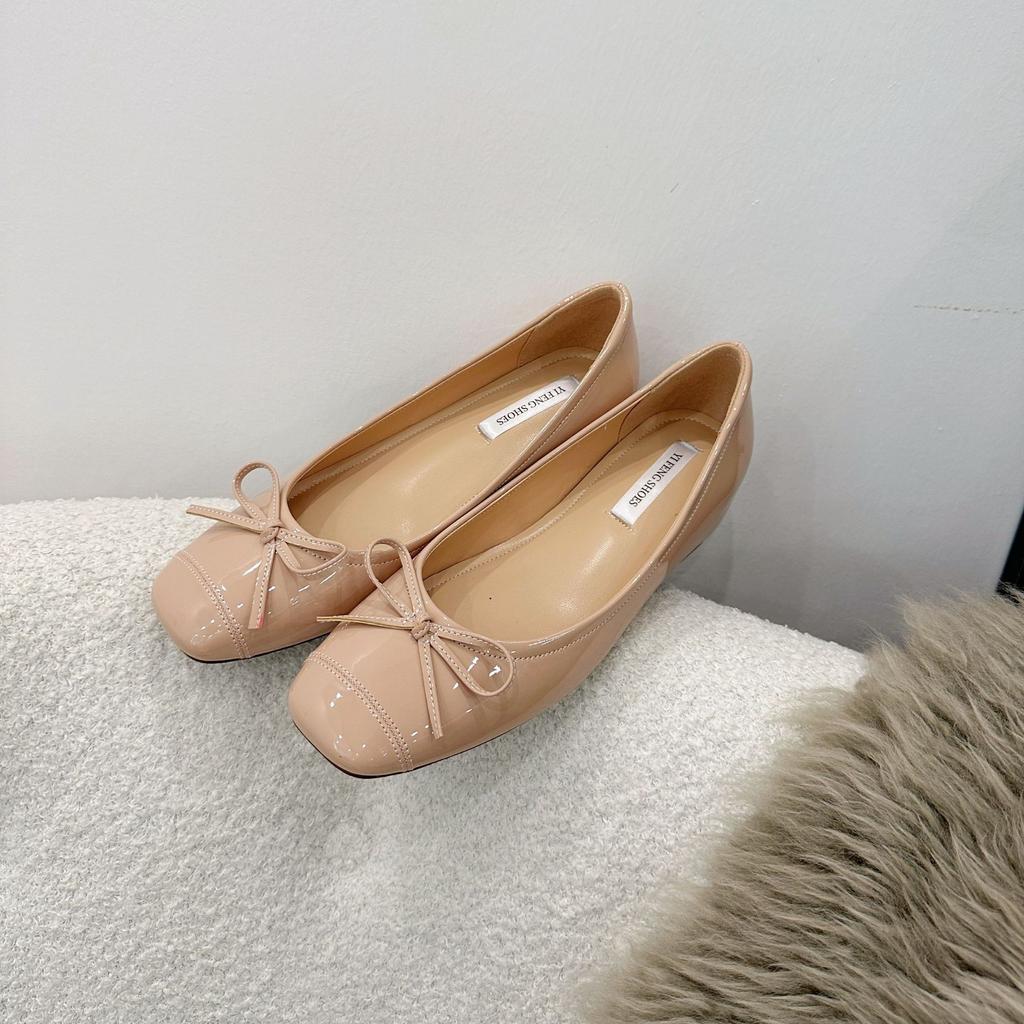 Cowhide version~ Small person inner height increase sweet temperament versatile bow square head shallow mouth leather ballet single shoes women