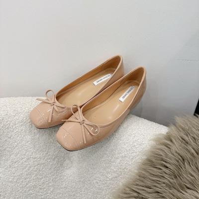 Sheepskin Version~ Small Inner Height Increase Leather Women's Shoes Bow Square Head Flat Bottom New Shallow Mouth Ballet Single Shoes Women