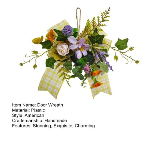 Spring Summer Artificial Violet Wreath for Front Door Small Wall Hanging Wreath with Yellow Plaid Bow for Indoor Outdoor Wall Window Kitchen Cabinet