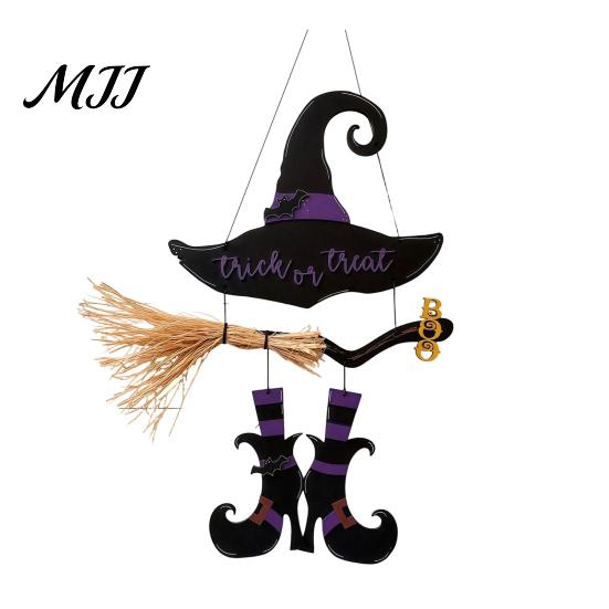 Hanging Wall Decor Halloween Witch Hat Boot Sign, Trick or Treat Decoration Wooden Sign for Home Room, Front Door Hanger Holiday