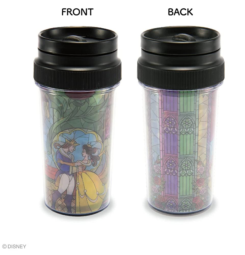 YAXEL Disney Tumbler Beauty and the Beast Water Bottle with Lid 400ml Stained Glass Style HOT COOL Mug IV &