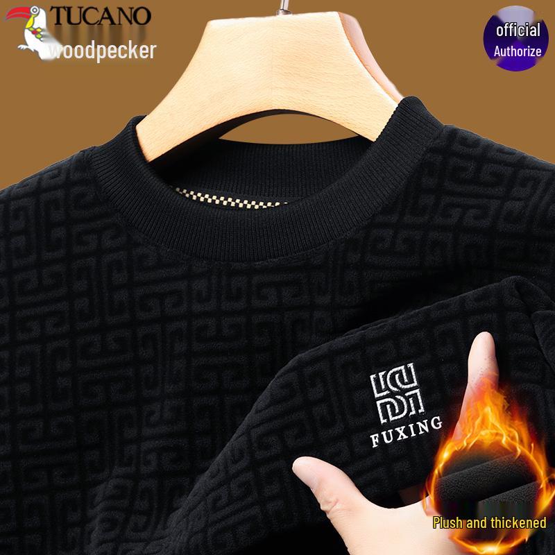 

Woodpecker Men s Coral Fleece Round Neck Warm Winter Hoodie with Velvet-Lined Base Layer Sweater 4XL for 180-210 lbs