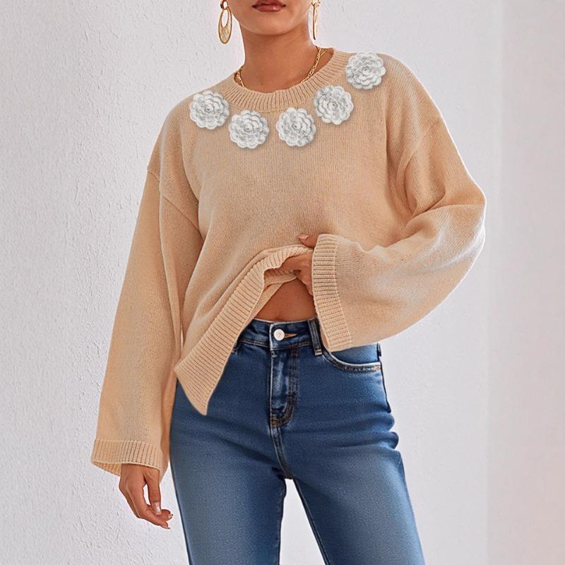 Hand Hooked Flower Splicing Autumn and Winter Loose Comfortable Casual Solid Color Long-sleeved Top Round Neck Pullover Sweater