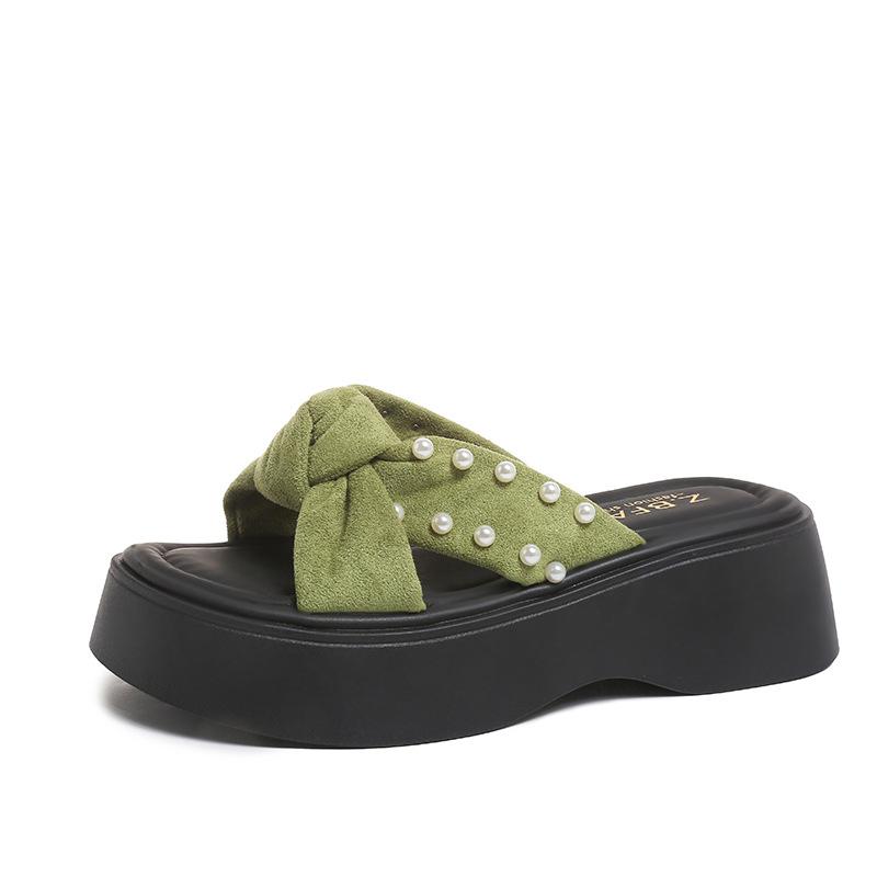 Muffin Platform Slippers Female New Guochao Pearl Cross Fashion Outer Wear Fairy Style Word with Skirt Beach Cool Slippers