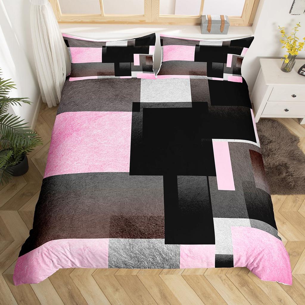 Homewish Geometric Anstract Duvet Cover Set For AdultPink Grey Square Bedding SetModern Fashion Bed Set