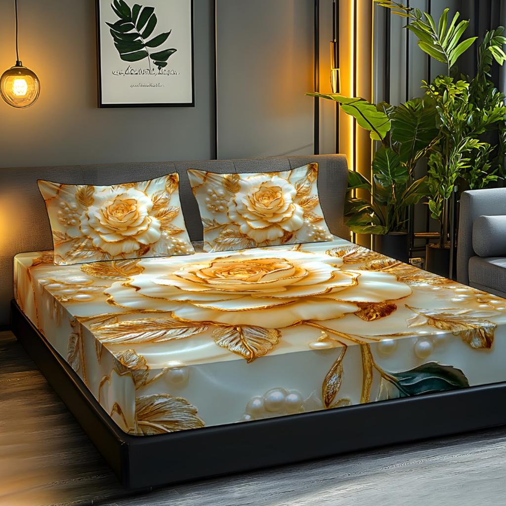 Luxury Golden Rose Fitted Sheet Set 3D Print Pearl Floral Bedding Set Soft Breathable Microfiber Fabric For Women Bedroom Decor