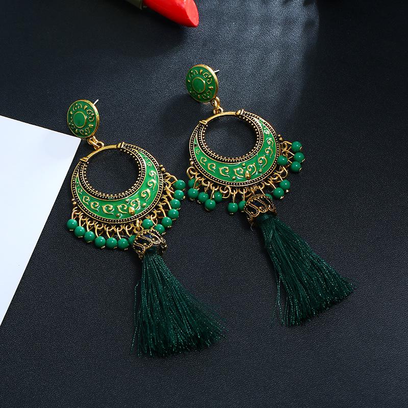 Retro Bohemian Tassel Earrings with Rhinestone and Ethnic Bell Design