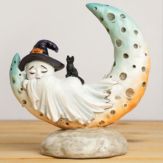 Sleeping Ghost On A Moon Statue Halloween Ghost Sleeping Figurine with Black Cat Cute Resin Ghost Sculpture for Home Tabletop Shelf Decor