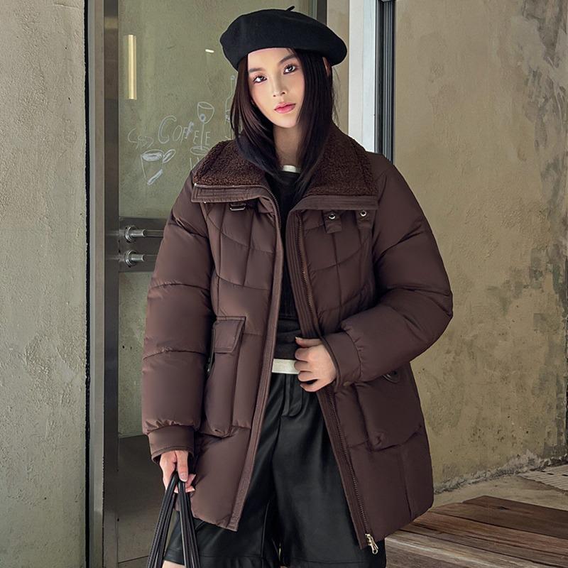 

Хлопковое пальто с большим лацканом женское зимнее теплое на флисовой подкладке куртка корейская мода XXXL кофейный