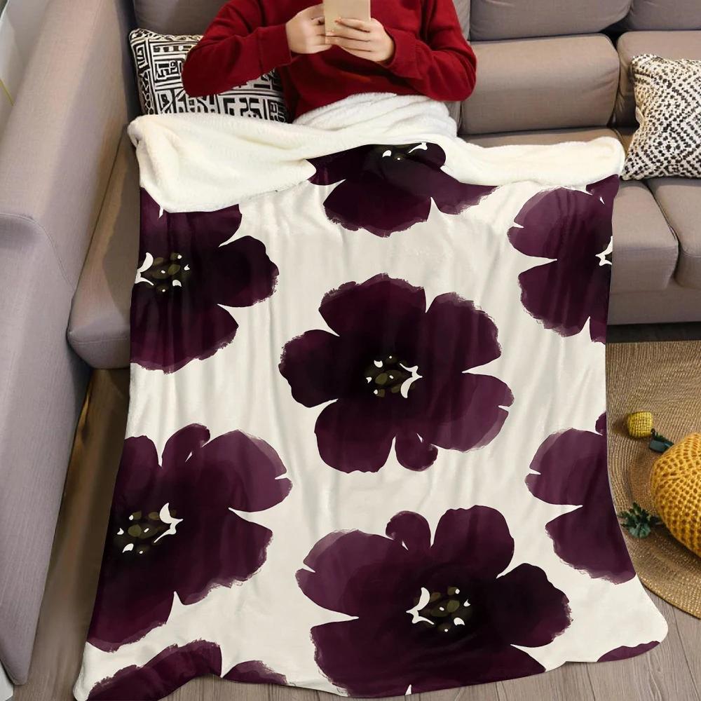Plum Watercolor Blooms Flannel Blanket Warm Soft Halloween Christmas Couch Warm Cozy Decorative Decor Gift For All Season