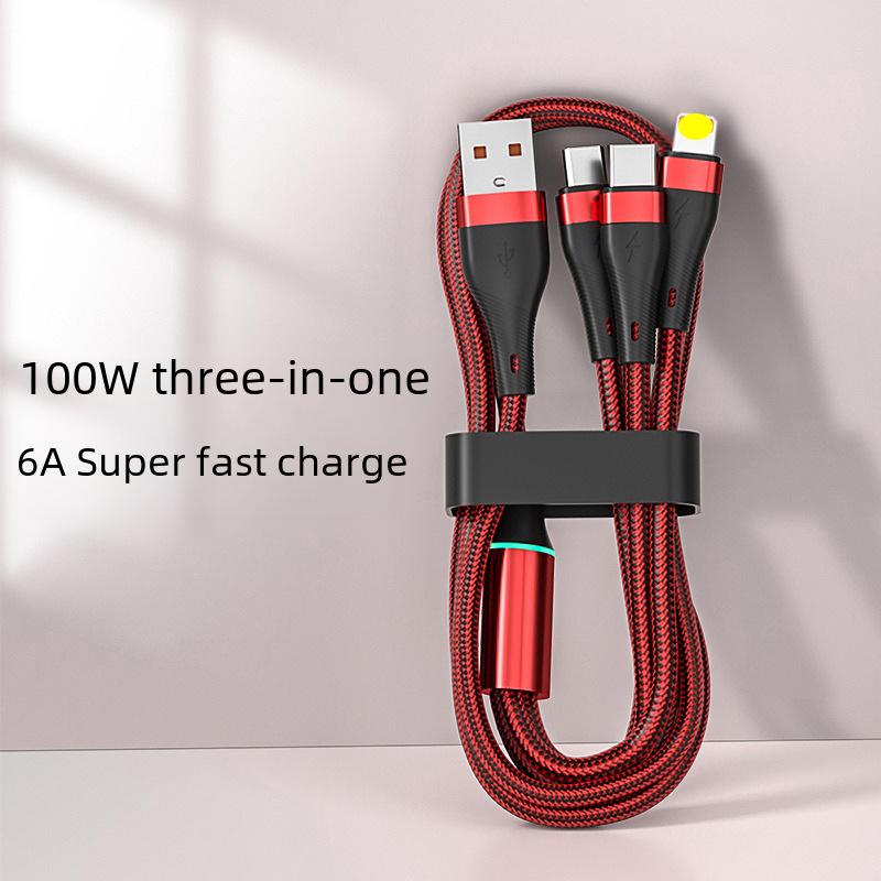 Luminous 100W Three-in-One 6A Fast Charging Cable for Android, Huawei, and Apple Devices