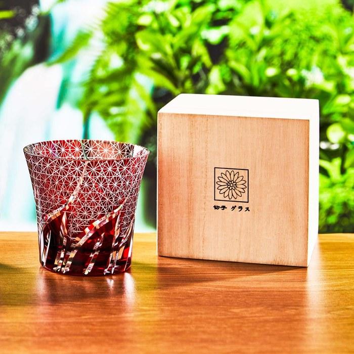 LUGUFON Kiriko Glass Rocks Glass – Kikutsunagi Design (Red) 260cc (1 count)