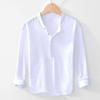 Men Light Blue Linen Cotton Blend Henley Shirt Stand Collar Long Sleeve Casual Top
