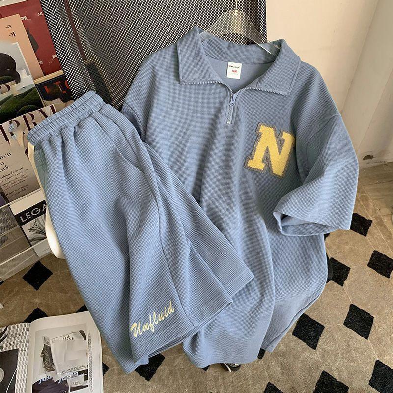 

Женский вафельный спортивный костюм унисекс, летняя рубашка с короткими рукавами в гонконгском стиле + корейские шорты, повседневный комплект из двух предметов L синий