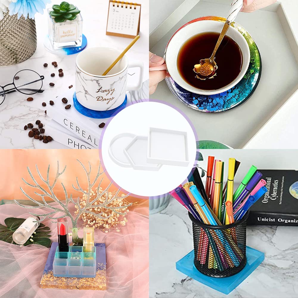 Samcos 3-Piece Coaster Silicone Mold, Round, Hexagon, and Square, for Epoxy Resin, UV Resin, Clay, and Soft Molds, DIY Crafts, Plates, and Dishes,