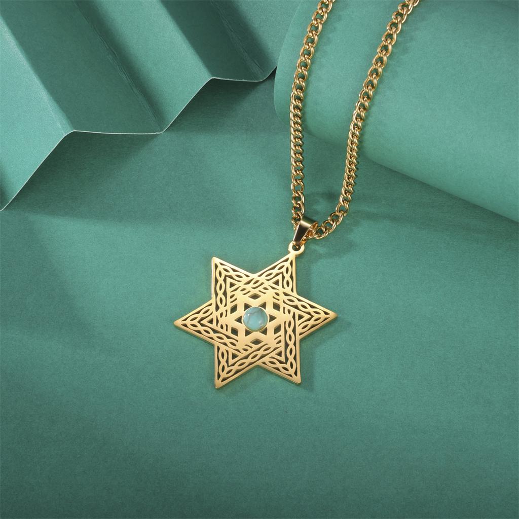  Artificial Gemstones Hexagram Necklace Stainless Steel Retro Star of David Hexagon Pendant Chain Classic Jewish Jewelry